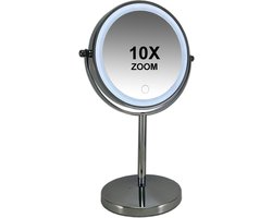 Gérard Brinard Oplaadbare Metalen make up LED Spiegel dimbaar chroom, Dubbelzijdig verlicht, 10x vergroting 18cm doorsnee, stroomkabel (USB)